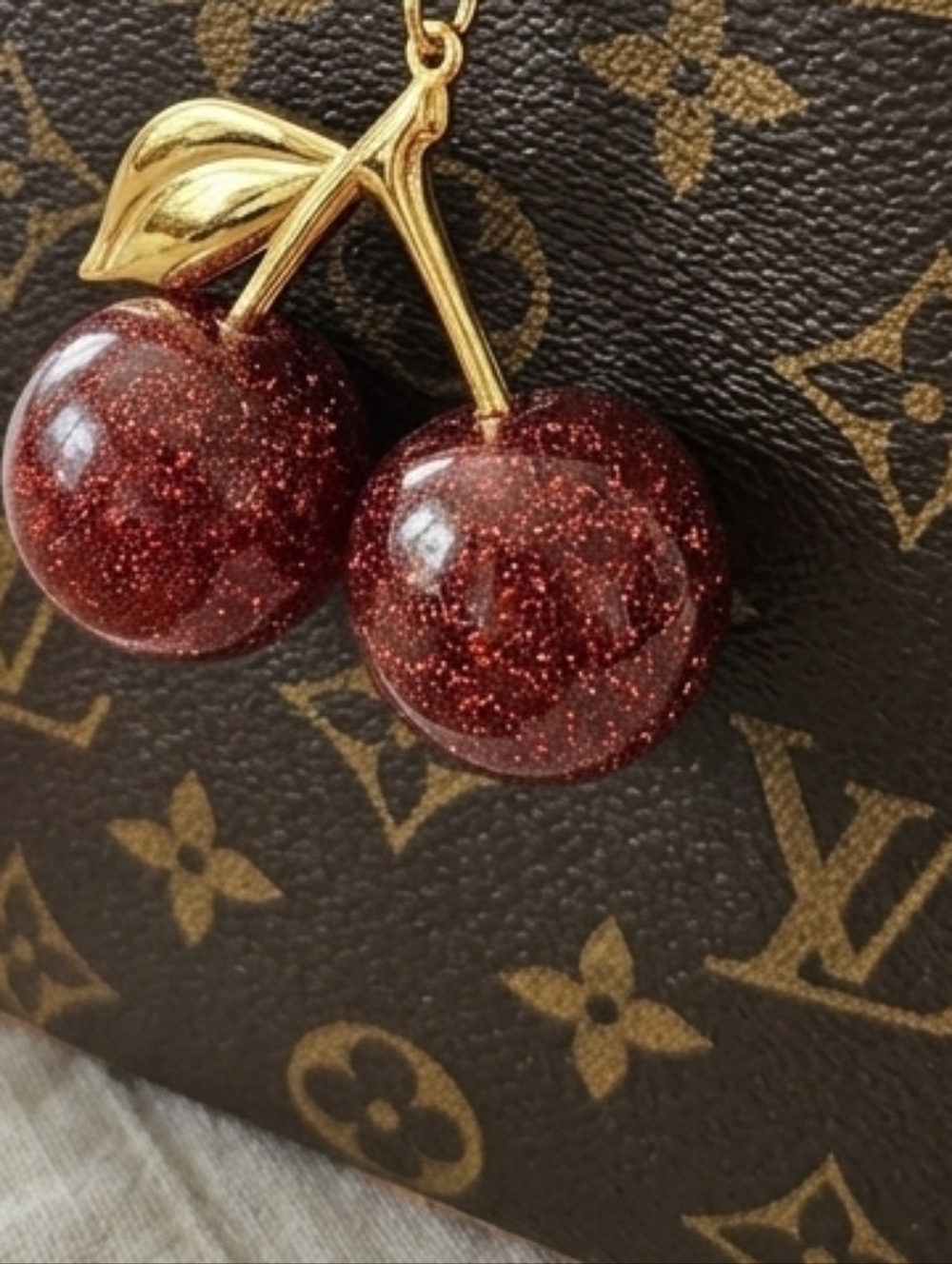 Cherry Purse Charm Keychain Goldtone with Dark Red Glitter Cherries NWOT